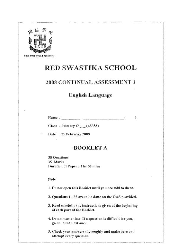 Red Swastika P6 Eng WA1 2008 exam paper PDF preview