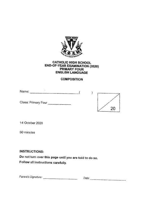 Catholic High P4 Eng SA2 2020 exam paper PDF first page preview