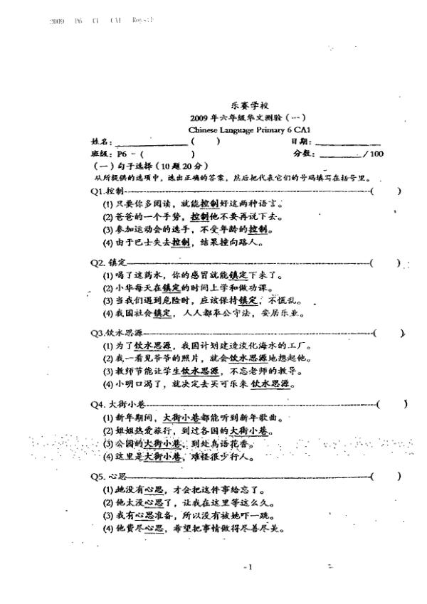 Rosyth P6 Chi WA1 2009 exam paper PDF preview