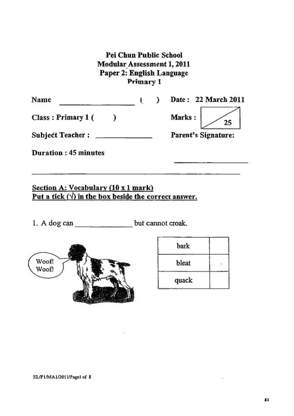 Pei Chun P1 Eng WA1 2011 exam paper PDF preview