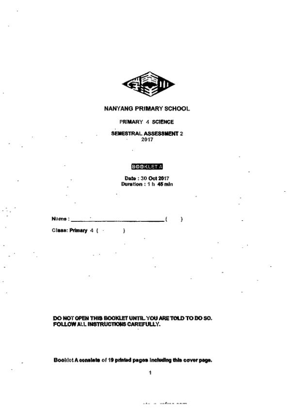 Nanyang P4 Sci SA2 2017 exam paper PDF first page preview