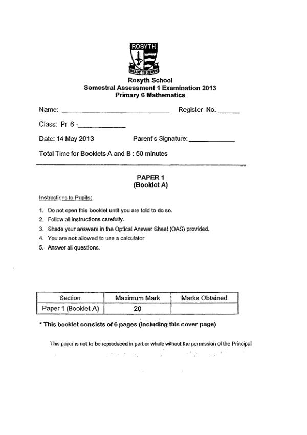Rosyth P6 Math WA2 2013 exam paper PDF first page preview
