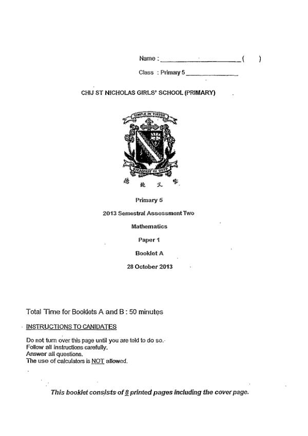CHIJ P5 Math SA2 2013 exam paper PDF first page preview
