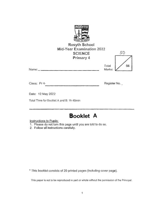 Rosyth P4 Sci WA2 2022 exam paper PDF preview