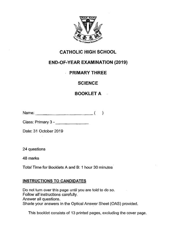 Catholic High P3 Sci SA2 2019 exam paper PDF first page preview