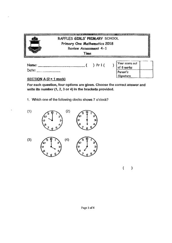 First page preview of P1 Math 2018 WA3 — Raffles Girls