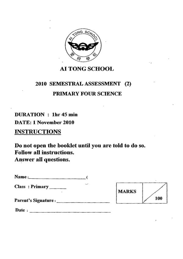 Ai Tong P4 Sci SA2 2010 exam paper PDF preview