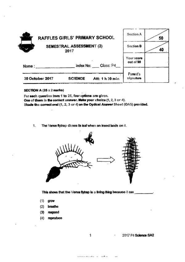 Raffles Girls P4 Sci SA2 2017 exam paper PDF first page preview