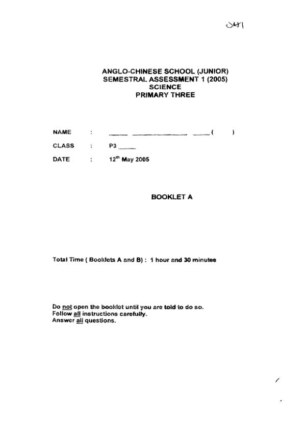 Anglo Chinese P3 Sci WA2 2005 exam paper PDF first page preview