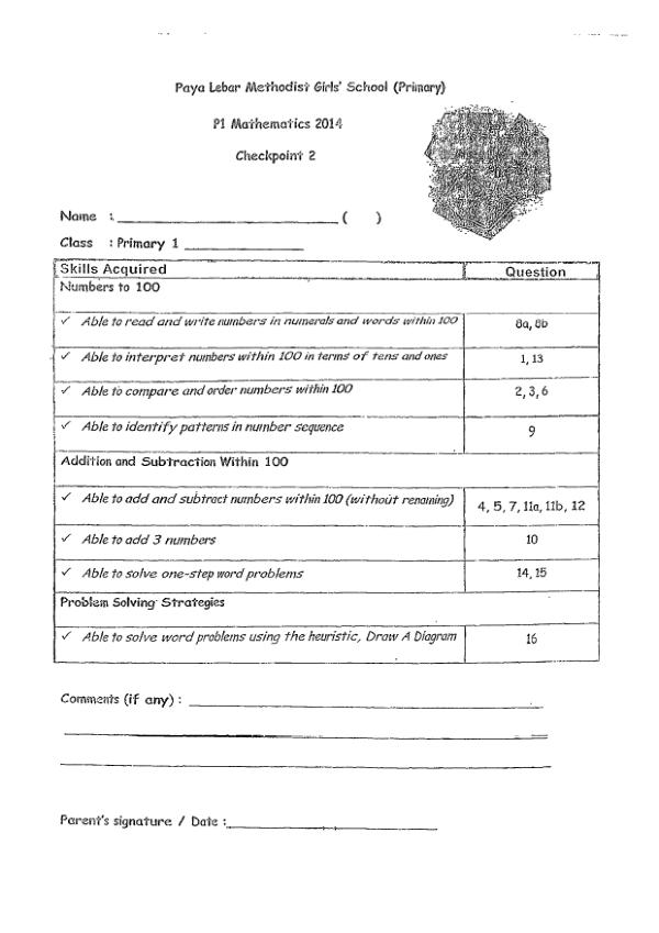 First page preview of P1 Math 2014 WA2 — Methodist Girls