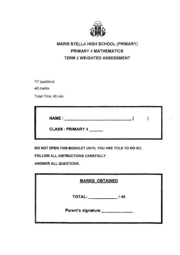 First page preview of P4 Math 2025 WA2 — Maris Stella High