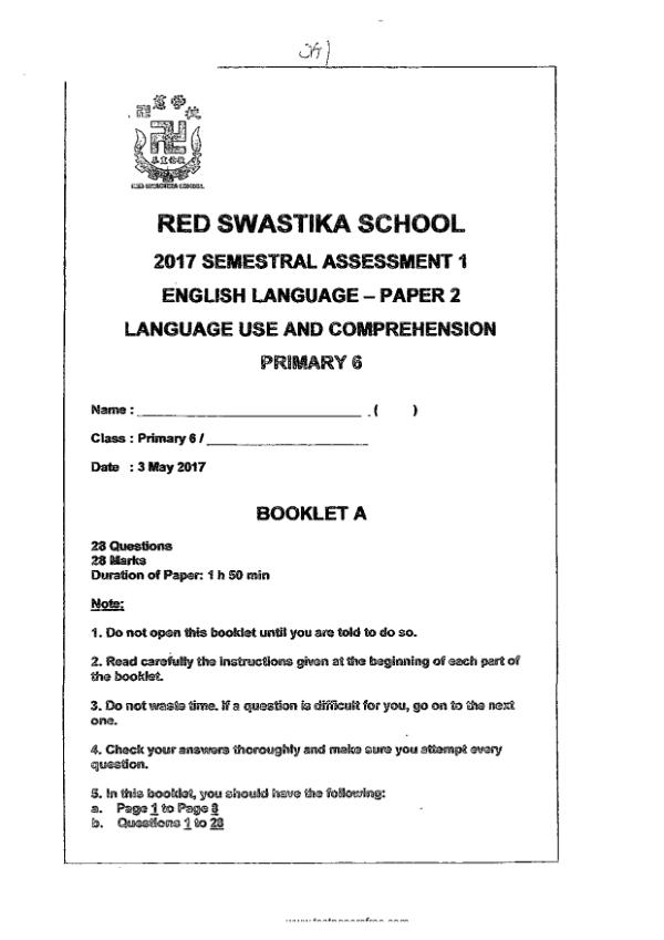 Red Swastika P6 Eng WA2 2017 exam paper PDF first page preview