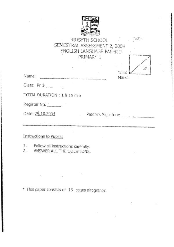 Rosyth P1 Eng SA2 2004 exam paper PDF first page preview
