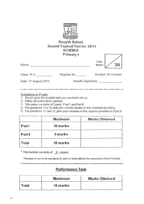 Rosyth P4 Sci WA3 2014 exam paper PDF preview