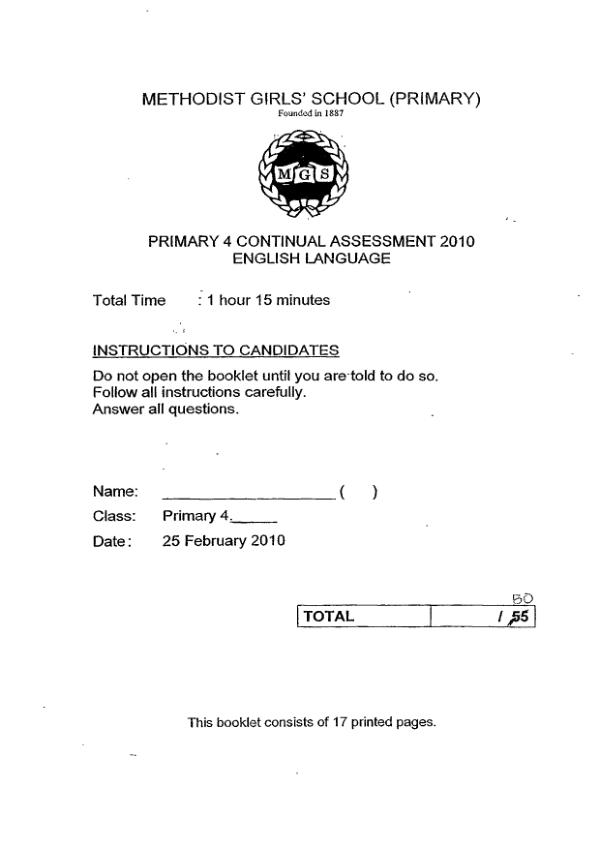 Methodist Girls P4 Eng WA1 2010 exam paper PDF first page preview