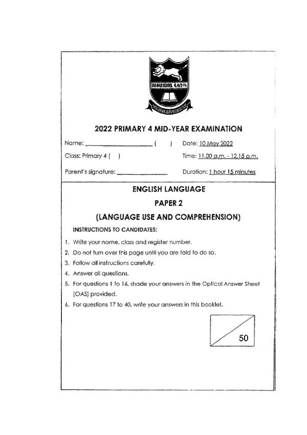Tao Nan P4 Eng WA2 2022 exam paper PDF first page preview