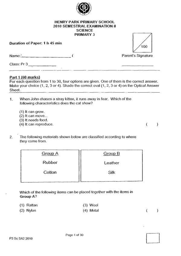 Henry Park P3 Sci SA2 2010 exam paper PDF preview