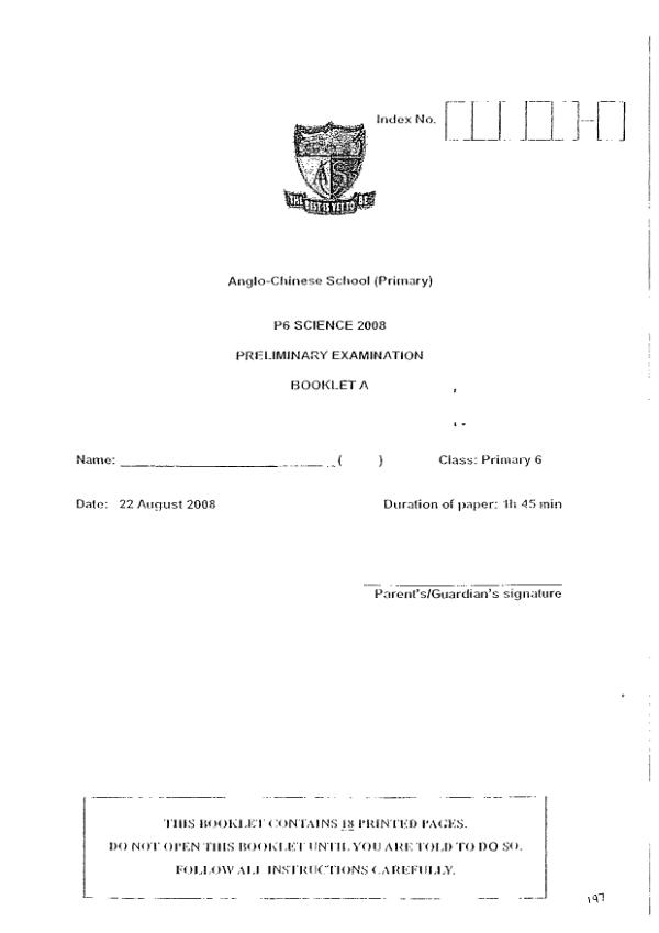 Anglo Chinese P6 Sci SA2 2008 exam paper PDF preview