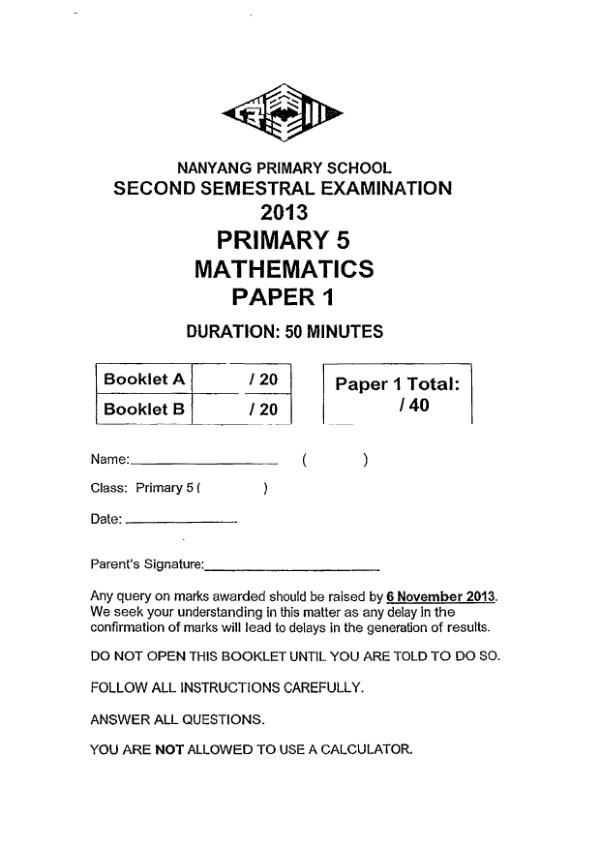 Nanyang P5 Math SA2 2013 exam paper PDF first page preview