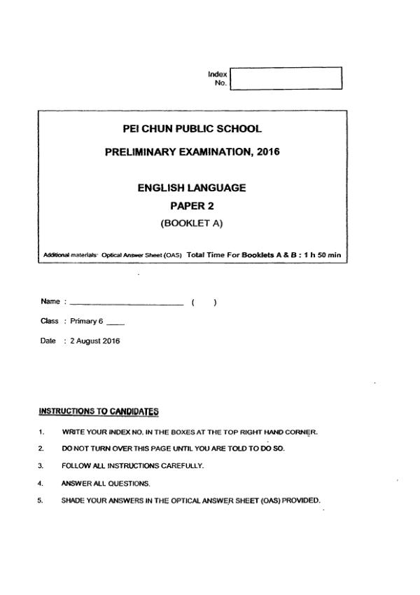 Pei Chun P6 Eng SA2 2016 exam paper PDF first page preview