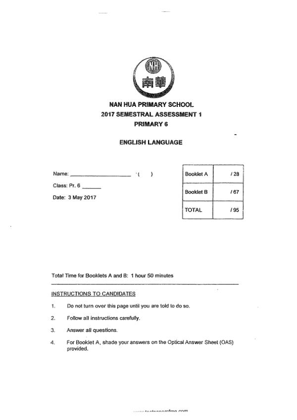 Nan Hua P6 Eng WA2 2017 exam paper PDF first page preview