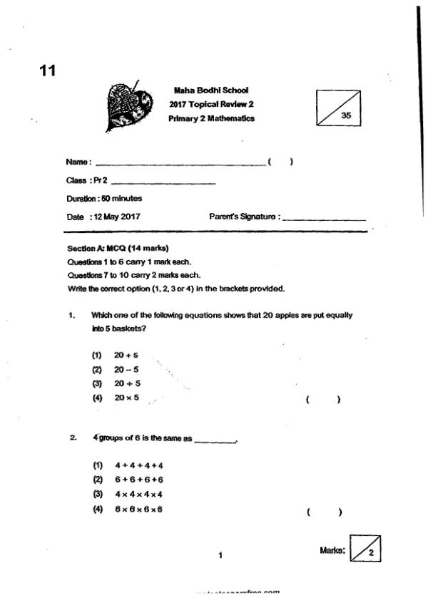 First page preview of P2 Math 2017 WA2 — Maha Bodhi