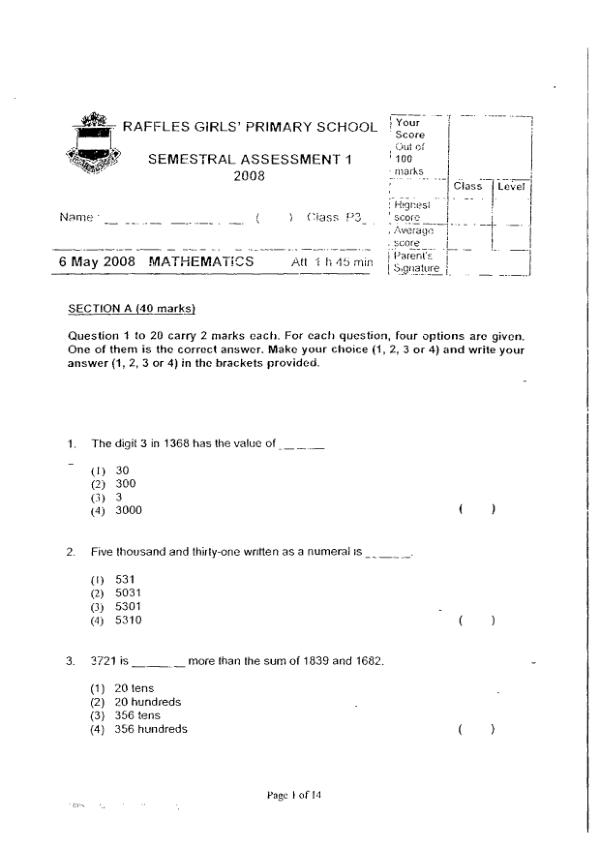 Raffles Girls P3 Math WA2 2008 exam paper PDF preview