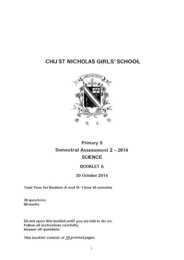 CHIJ P5 Sci SA2 2014 exam paper PDF first page preview
