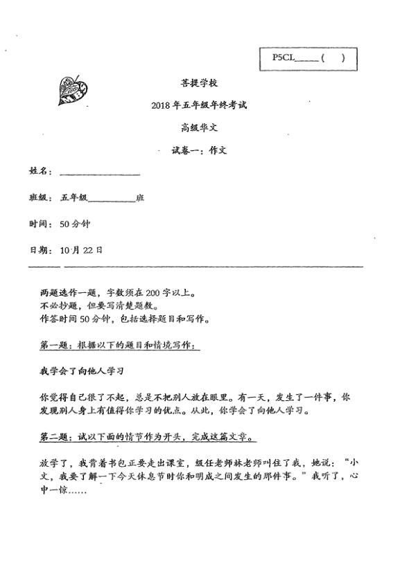 Maha Bodhi P5 Chi SA2 2018 exam paper PDF preview