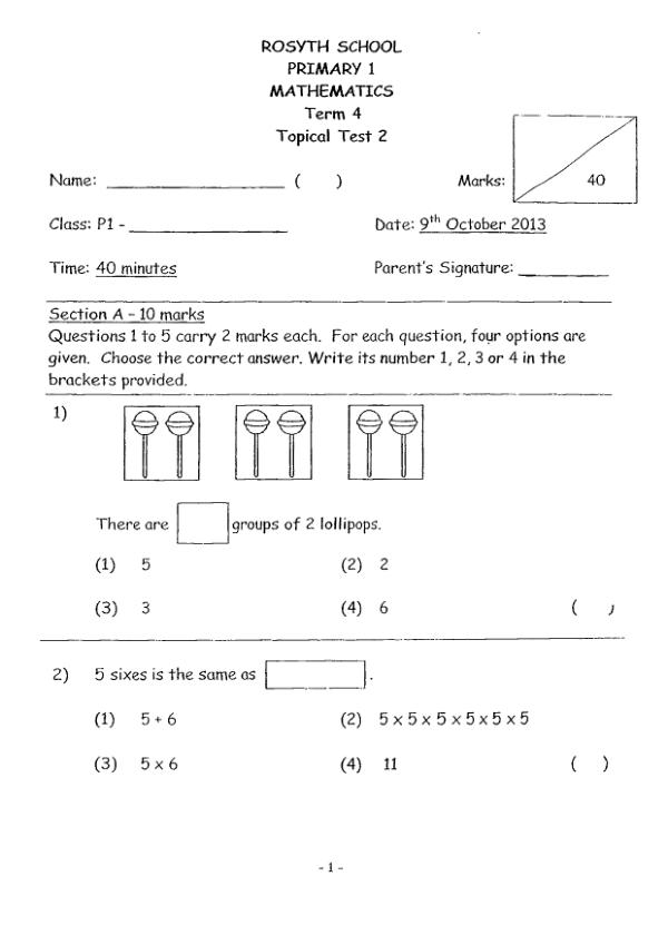 Rosyth P1 Math WA2 2013 exam paper PDF first page preview