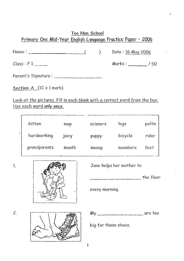 Tao Nan P1 Eng WA2 2006 exam paper PDF preview
