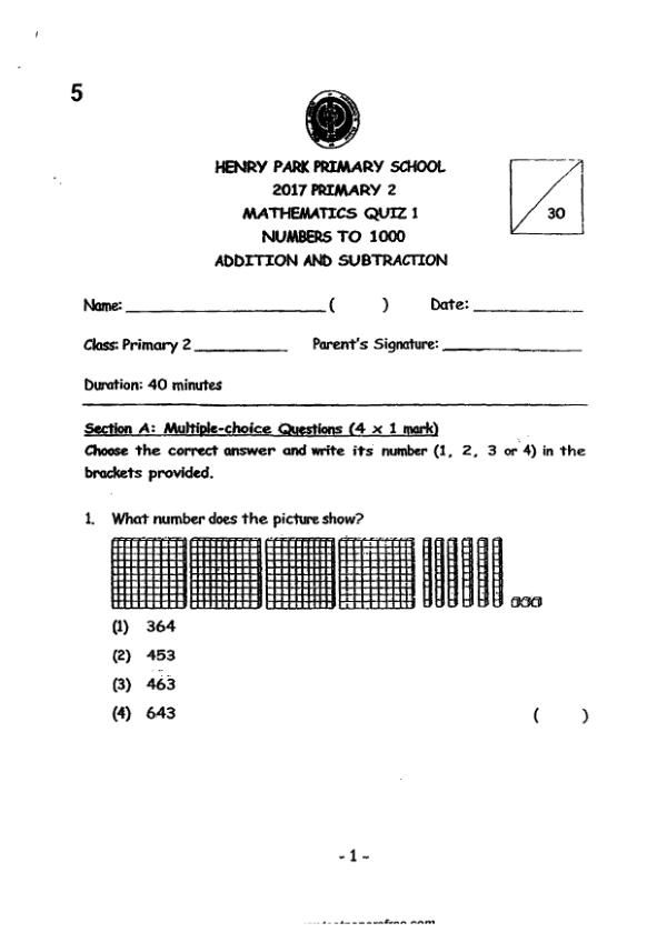 First page preview of P2 Math 2017 WA1 — Henry Park