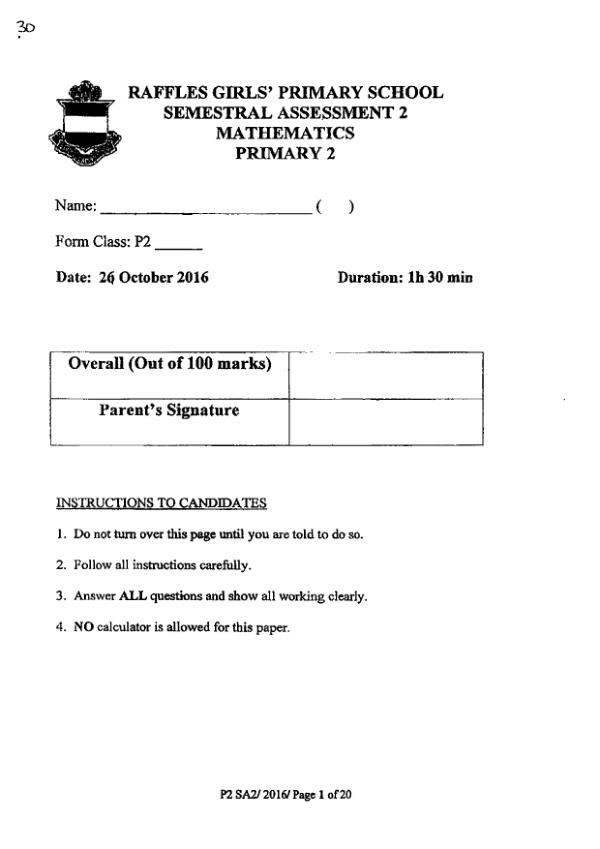 First page preview of P2 Math 2016 SA2 — Raffles Girls