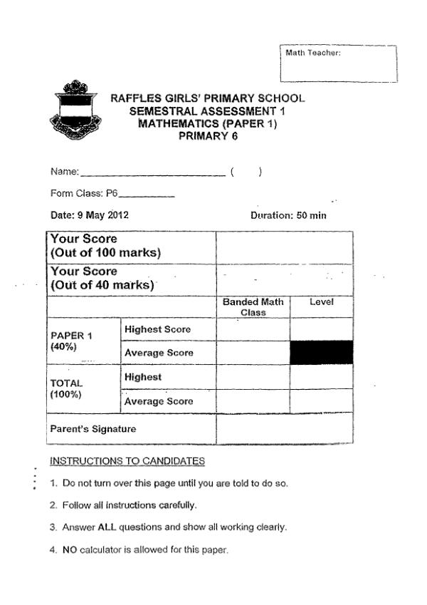 Raffles Girls P6 Math WA2 2012 exam paper PDF preview