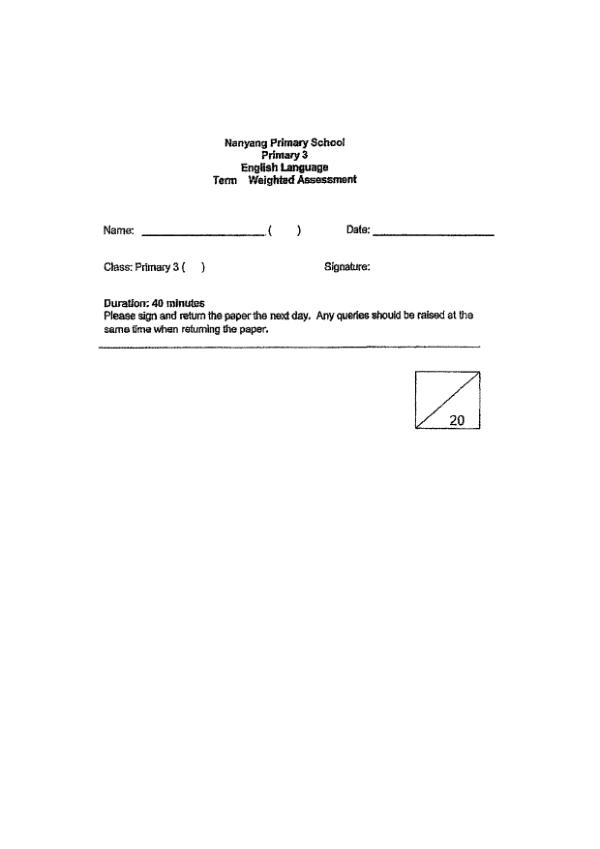 Nanyang P3 Eng WA1 2021 exam paper PDF first page preview