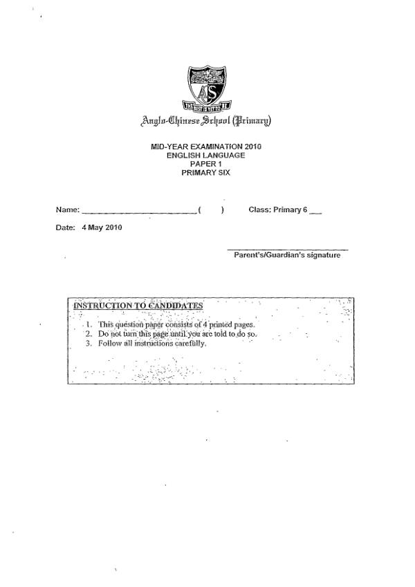 Anglo Chinese P6 Eng WA2 2010 exam paper PDF first page preview