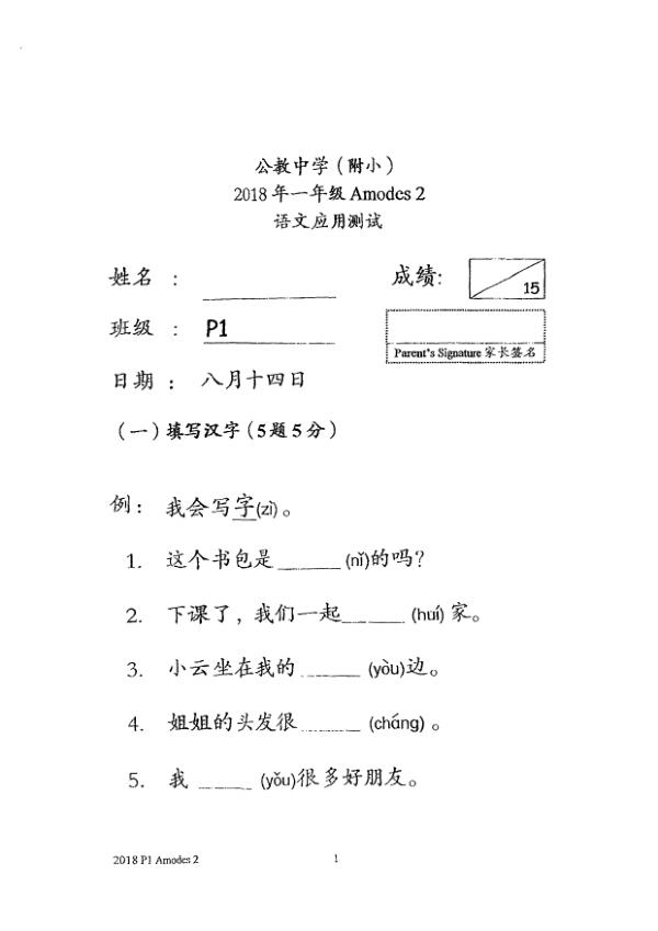 Catholic High P1 Chi SA2 2018 exam paper PDF first page preview