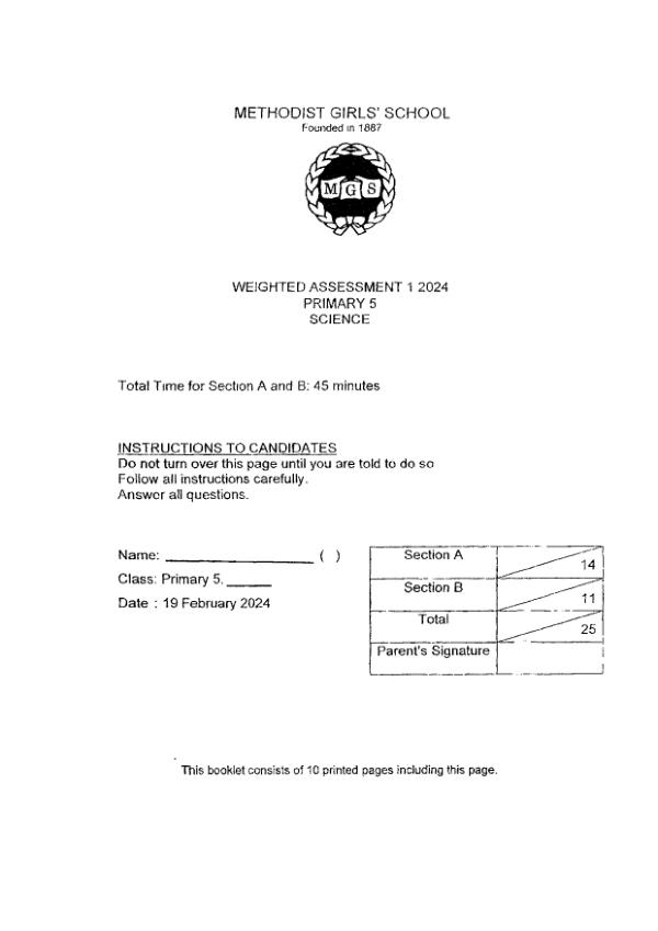 First page preview of P5 Sci 2024 WA1 — Methodist Girls
