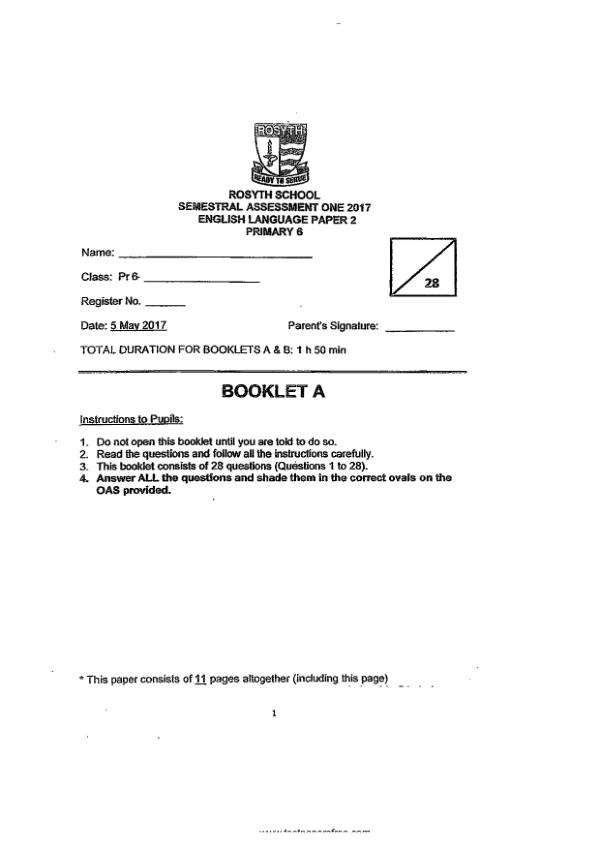Rosyth P6 Eng WA2 2017 exam paper PDF first page preview