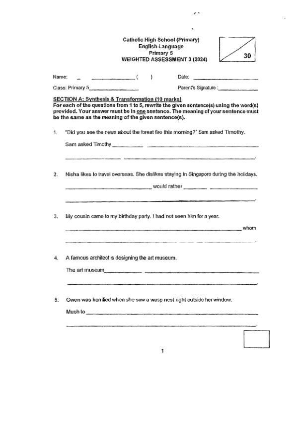 First page preview of P5 Eng 2024 WA3 — Catholic High