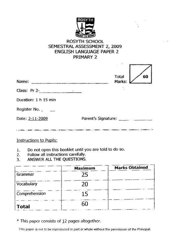 Rosyth P2 Eng SA2 2009 exam paper PDF first page preview