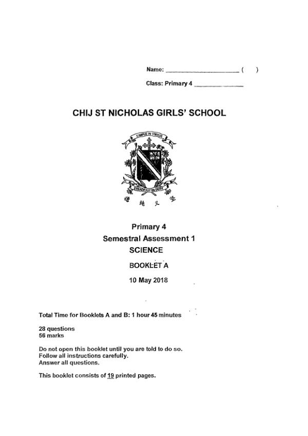 CHIJ P4 Sci WA2 2018 exam paper PDF first page preview