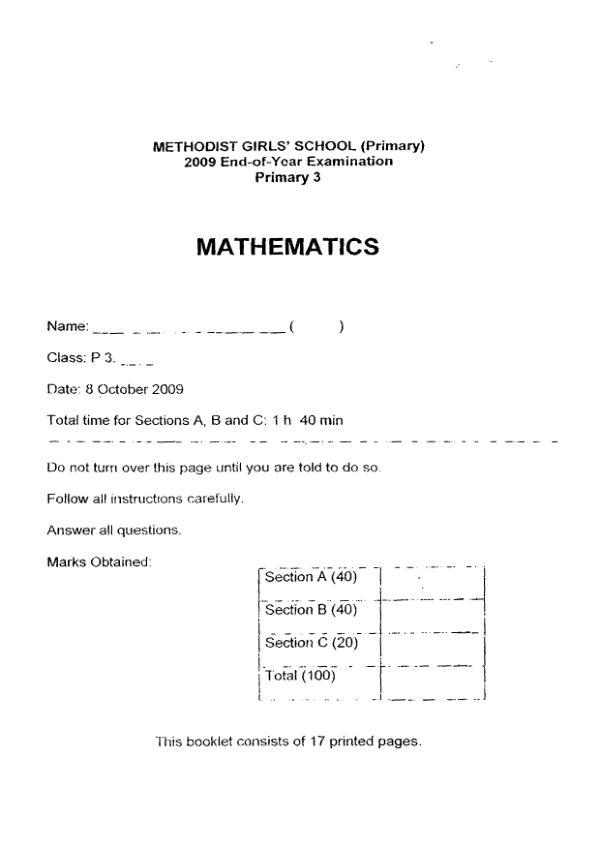 Methodist Girls P3 Math SA2 2009 exam paper PDF preview