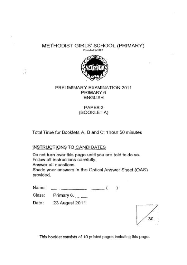 Methodist Girls P6 Eng SA2 2011 exam paper PDF first page preview