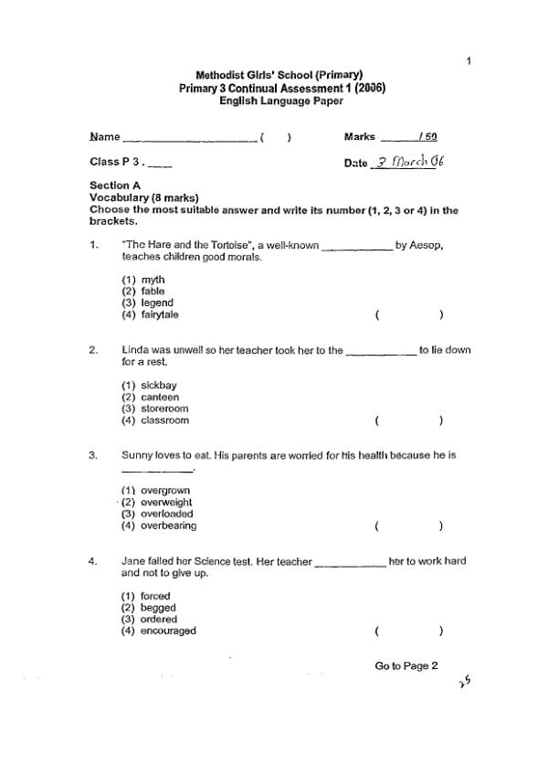 Methodist Girls P3 Eng WA1 2006 exam paper PDF preview