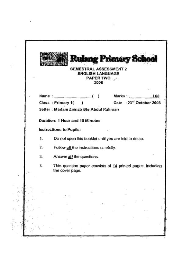 Rulang P1 Eng SA2 2008 exam paper PDF first page preview