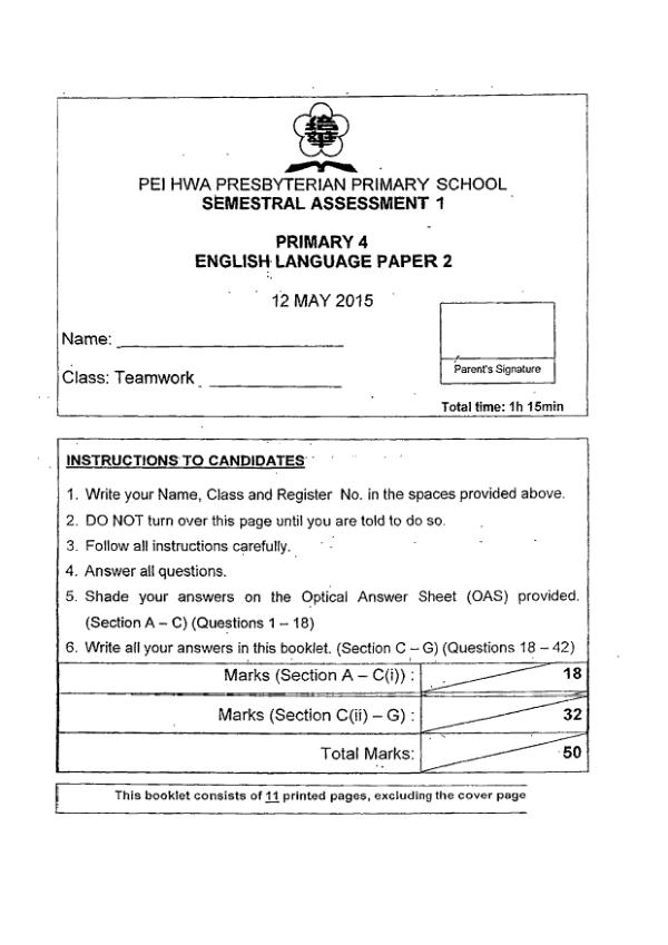 Pei Hwa P4 Eng WA2 2015 exam paper PDF first page preview