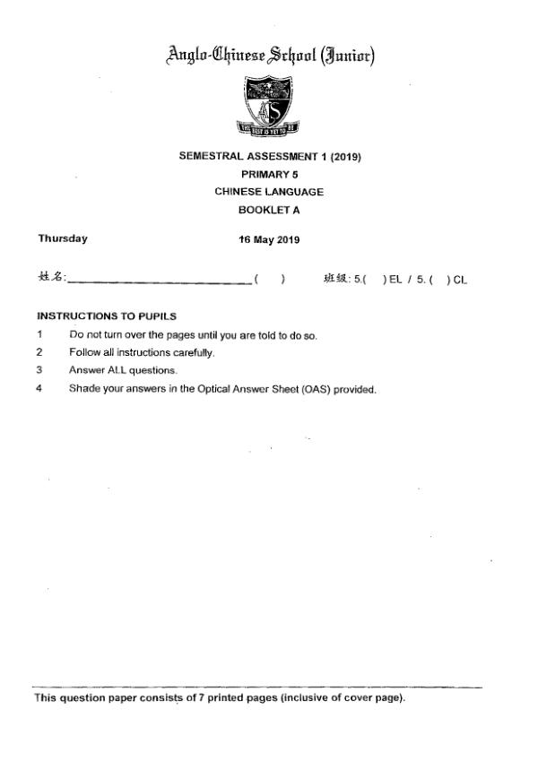 Anglo Chinese P5 Chi WA2 2019 exam paper PDF first page preview