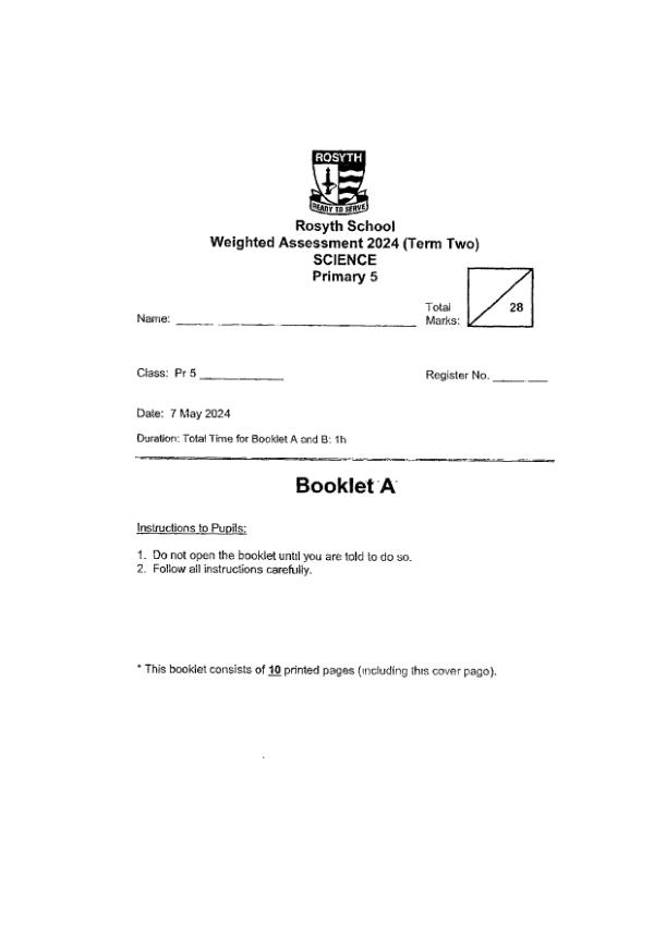 First page preview of P5 Sci 2024 WA2 — Rosyth