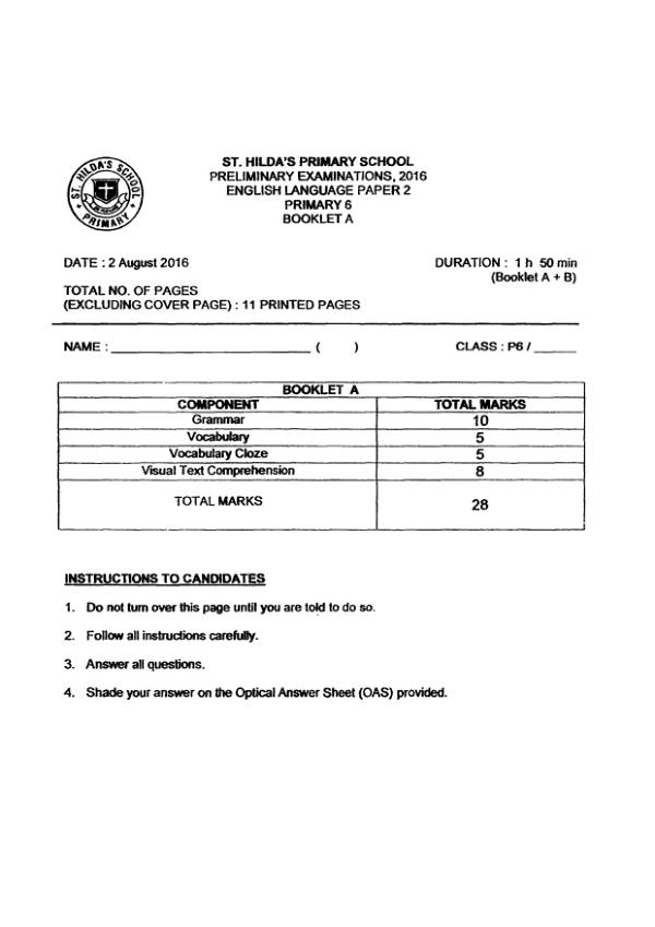 St Hildas P6 Eng SA2 2016 exam paper PDF first page preview